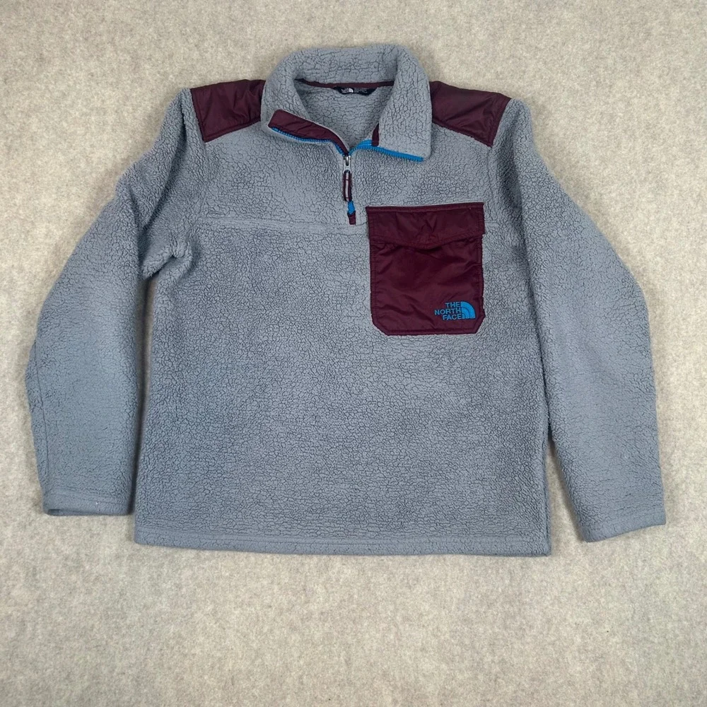 The North Face Dunraven Sherpa Fleece Mens Medium Grey Burgundy 1/4 Zip Pullover